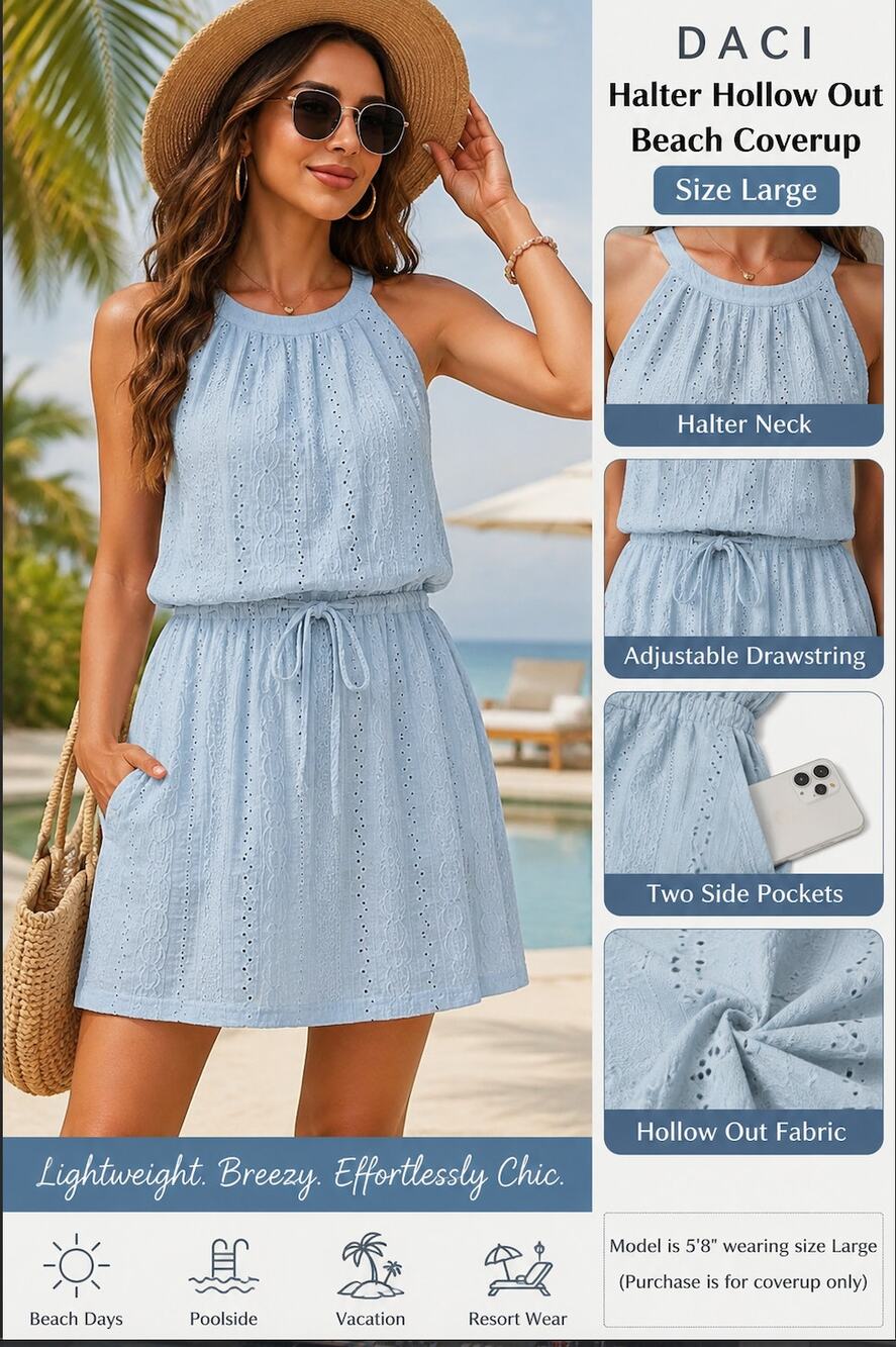 Daci Halter Beach Cover Up Dress Blue Large NWT Pockets